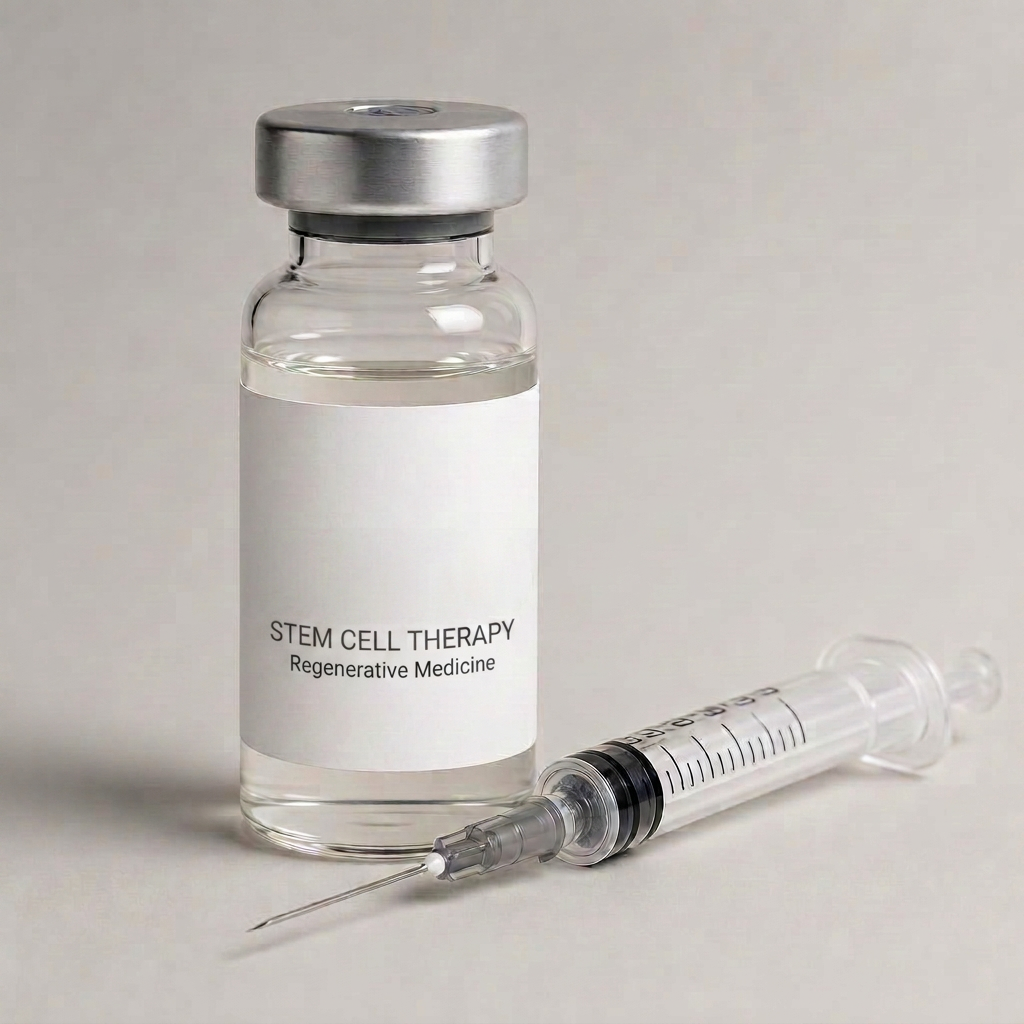 Andrologix stem cell therapy vial and syringe in a studio product photograph